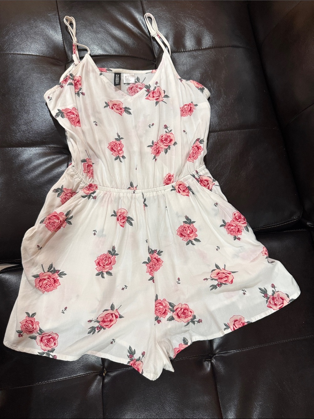 Divided Cream Romper with Pink Rose Print